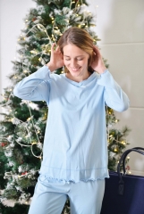 DESEN Damen Deluxe Pyjama aus 100% Baumwolle mit langen Ärmeln, Schlafanzugoberteil mit V-Ausschnitt, Schlafanzughose