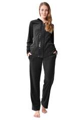 DESEN Damen Velours Nicki- Anzug Freizeitanzug Hausanzug mit Reißverschluss und zwei schwarzen Paillettenreihen